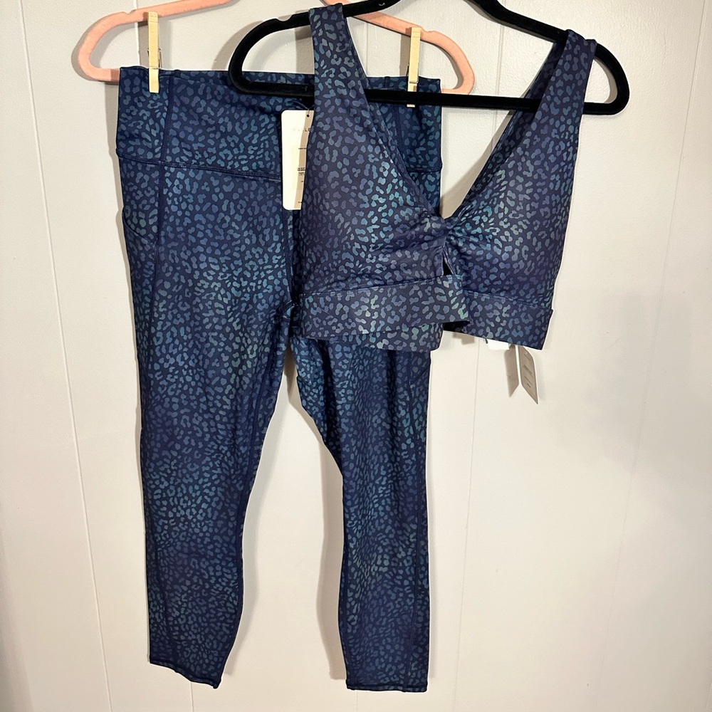 Fabletics Oasis Blue and Purple Leopard Sports Bra and Legging Set